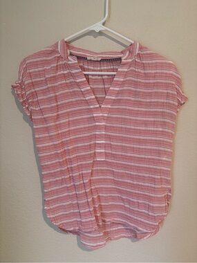 Pilcro Rose Pink & White Striped V-Neck Short Sleeve Blouse